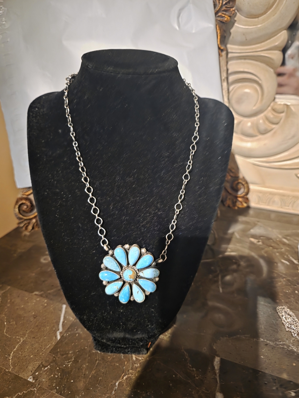 Turquoise Flower Cluster Pendant Necklace - Blue And Green Sonoran - Picture 4 of 7